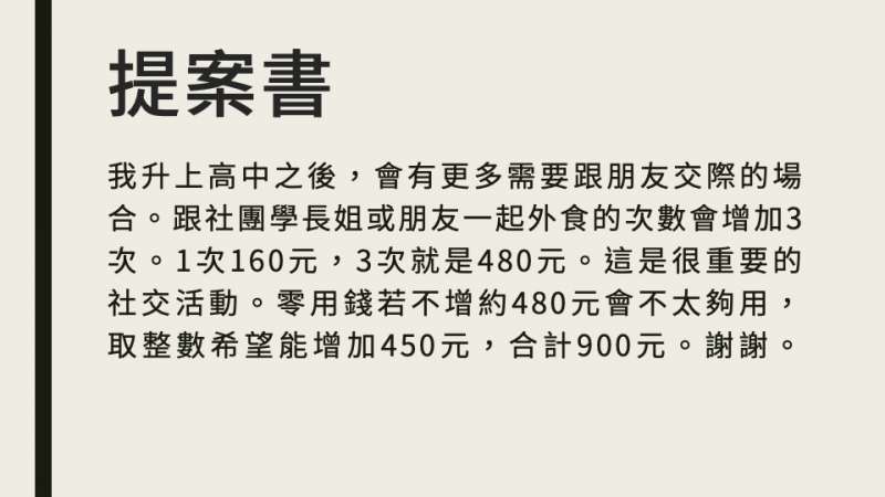 我家二女兒寫的零用錢提案書。(圖/作者提供) 我家二女兒寫的零用錢提案書。(圖/作者提供)