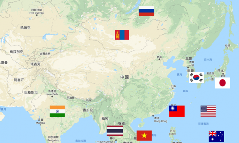 大陸周邊國家爭議國。(作者提供) 大陸周邊國家爭議國。(作者提供)