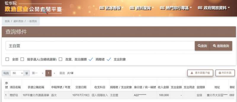 20200830-2018簡舒培政治獻金紀錄。(取自監察院政治獻金公開查閱平台) 20200830-2018簡舒培政治獻金紀錄。(取自監察院政治獻金公開查閱平台)