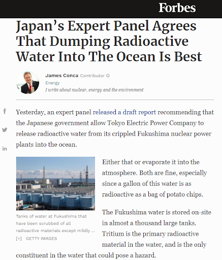 《富比世雜誌》報導日本認為將輻射污染的水倒入海中是最佳方案。(林琬寧提供) 《富比世雜誌》報導日本認為將輻射污染的水倒入海中是最佳方案。(林琬寧提供)
