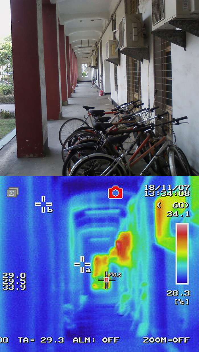 20200906-走廊上的冷氣室外機與熱感應圖。(林子平提供/影像合成:風傳媒) 20200906-走廊上的冷氣室外機與熱感應圖。(林子平提供/影像合成:風傳媒)