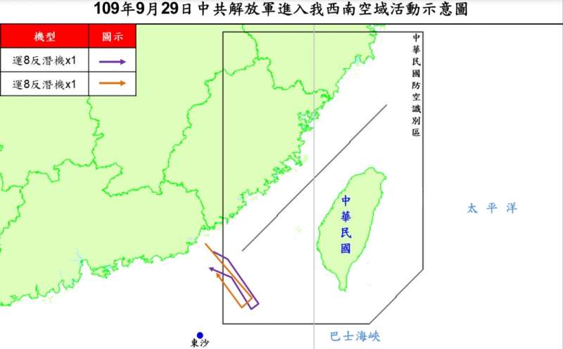 20200929-29日共機活動圖。(空軍司令部提供) 20200929-29日共機活動圖。(空軍司令部提供)