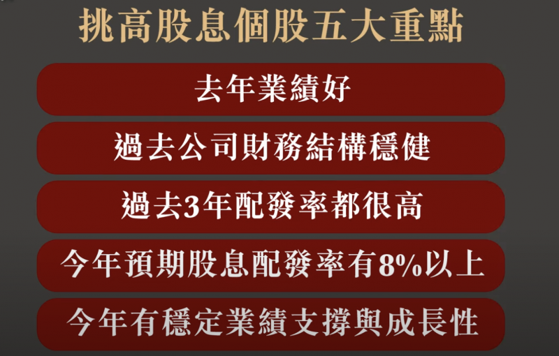 挑高股息個股掌握五大重點。(擷取自下班經濟學) 挑高股息個股掌握五大重點。(擷取自下班經濟學)