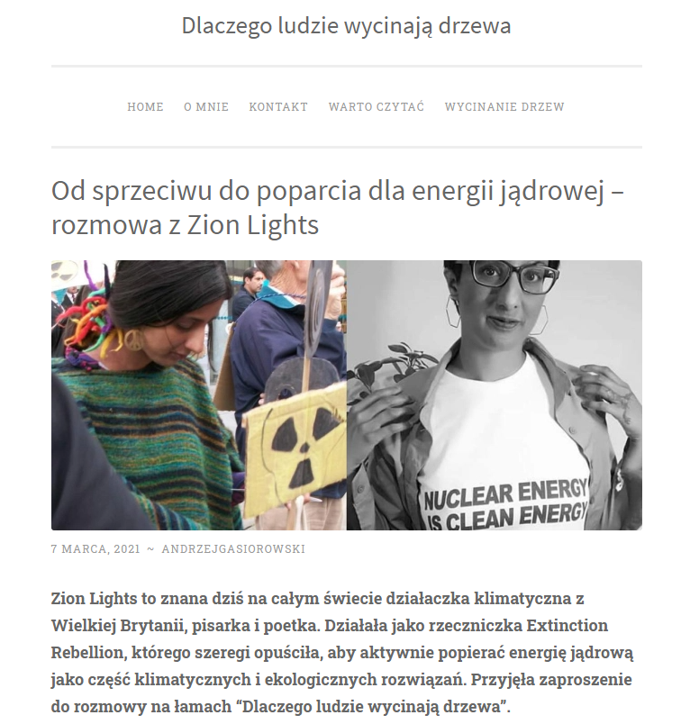 環境行動者Zion Lights如何從反核變成擁核。(作者提供,人們為何砍伐樹木報導) 環境行動者Zion Lights如何從反核變成擁核。(作者提供,人們為何砍伐樹木報導)