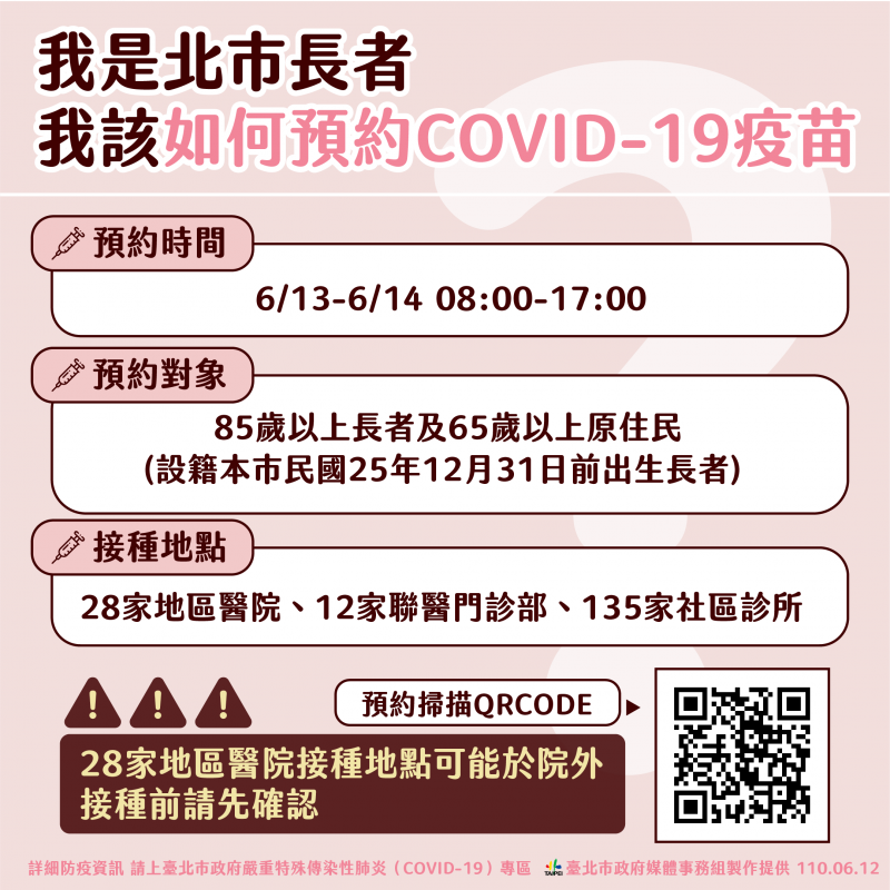 台北市長者預約施打新冠疫苗辦法。(台北市政府提供) 台北市長者預約施打新冠疫苗辦法。(台北市政府提供)