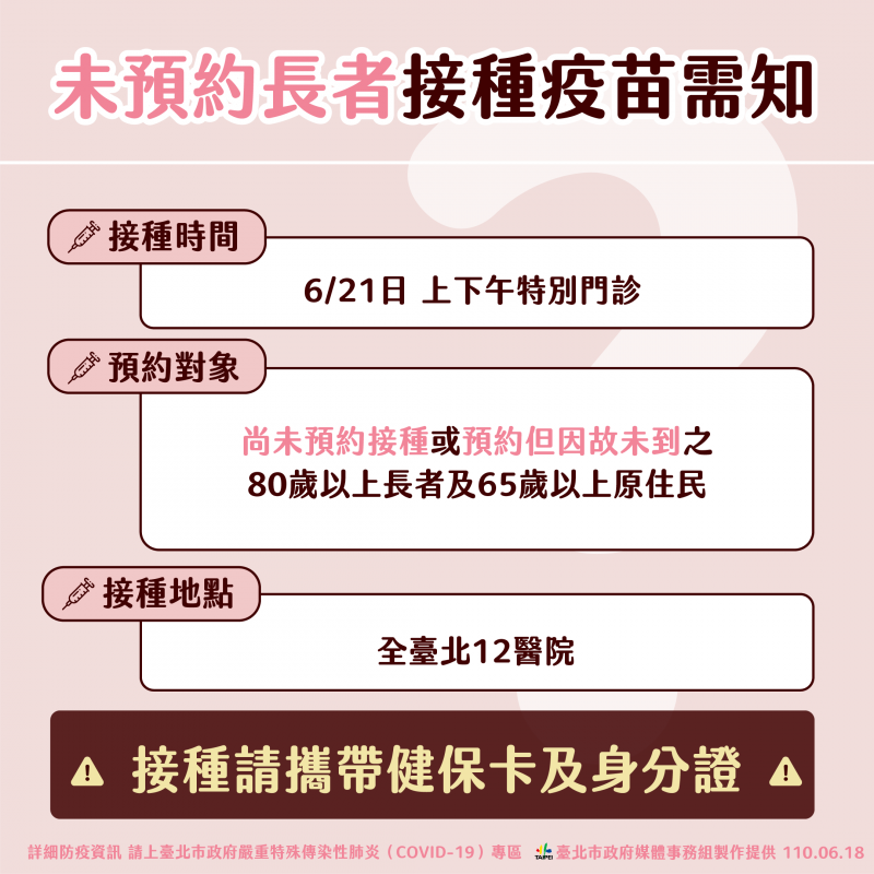 台北市未預約長者接種疫苗須知。(台北市政府提供) 台北市未預約長者接種疫苗須知。(台北市政府提供)