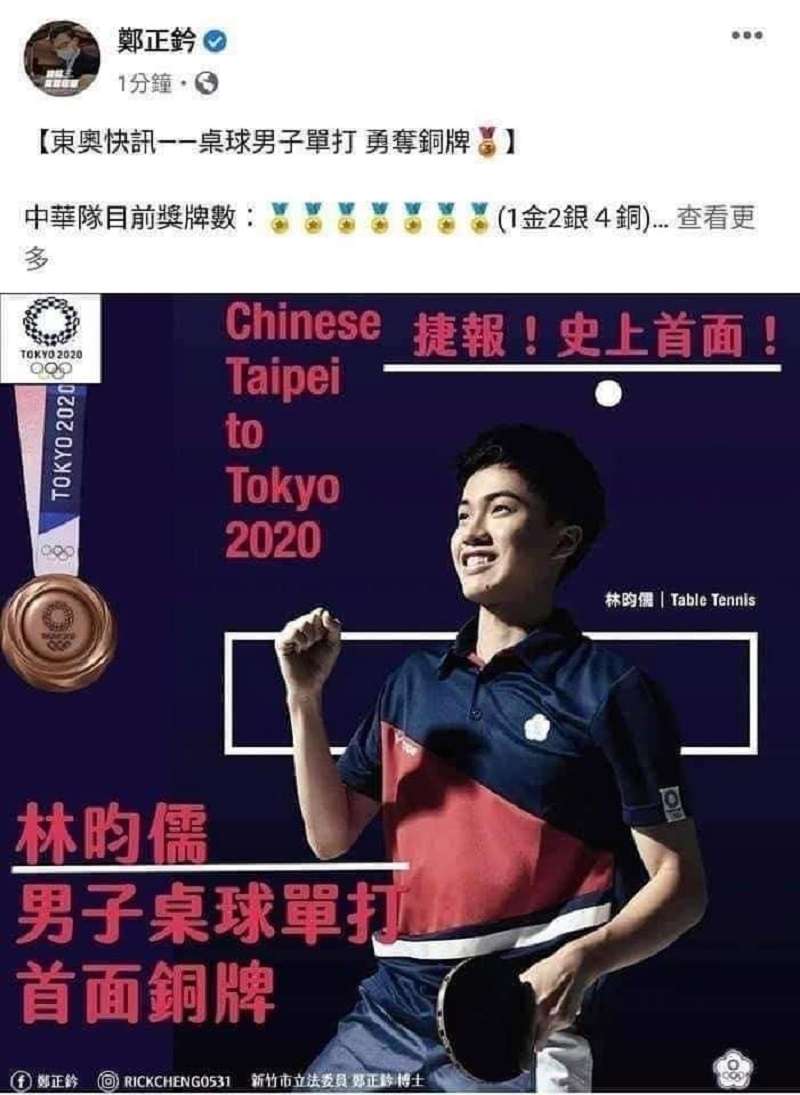 藍委鄭正鈐在林昀儒不敵德國選手,獲第四名的狀況下恭賀林昀儒奪金,鬧了大笑話。(鄭正鈐臉書) 藍委鄭正鈐在林昀儒不敵德國選手,獲第四名的狀況下恭賀林昀儒奪金,鬧了大笑話。(鄭正鈐臉書)