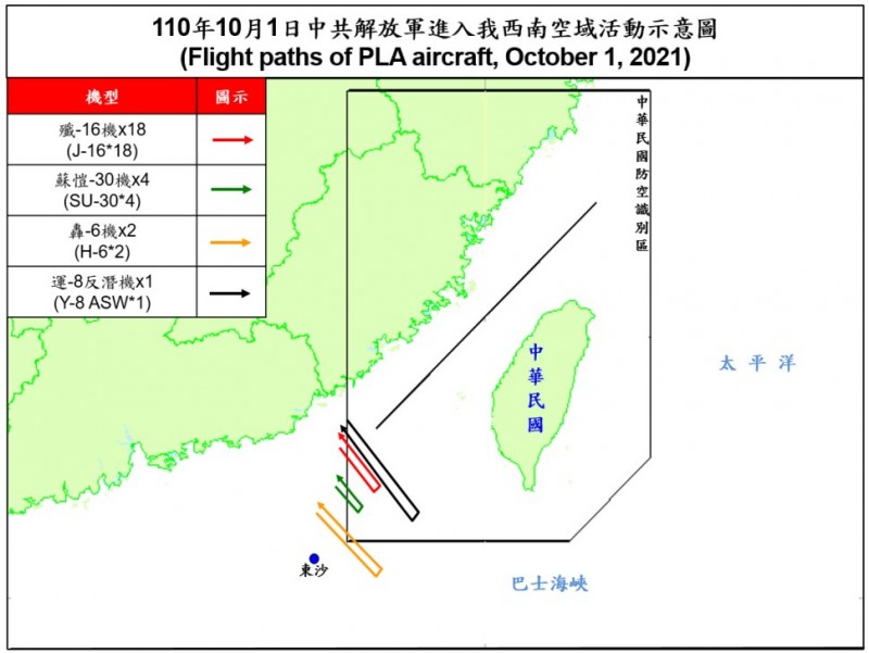 20211002-共機擾台活動示意圖。(取自國防部「即時軍事動態」網站) 20211002-共機擾台活動示意圖。(取自國防部「即時軍事動態」網站)