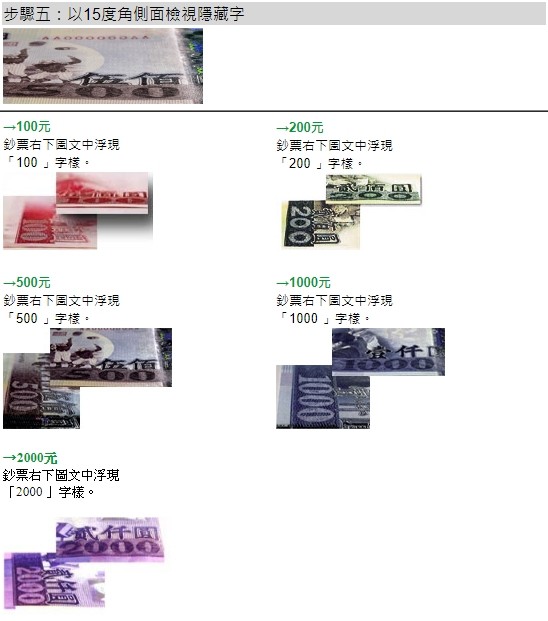 辨別鈔票步驟五。(圖/翻攝自央行官網) 辨別鈔票步驟五。(圖/翻攝自央行官網)