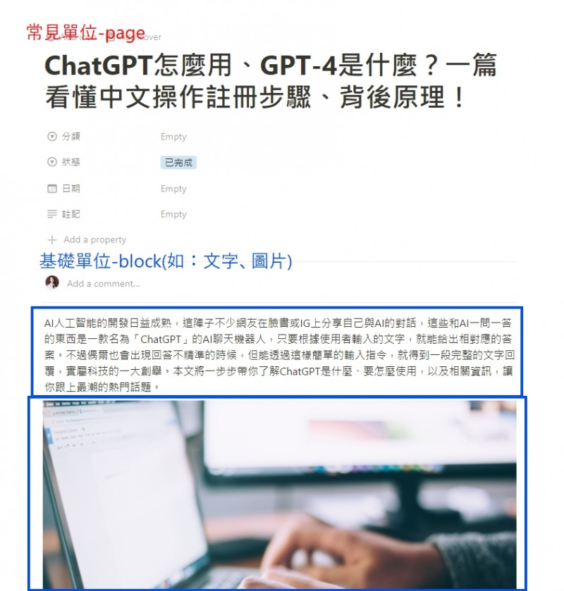 Notion常間的單位為page,每一個page裡都可以新增多個block。(圖/截取自Notion) Notion常間的單位為page,每一個page裡都可以新增多個block。(圖/截取自Notion)