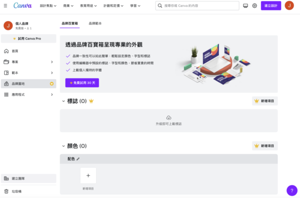 Brand Hub中文翻為「品牌範本」，可以上傳開源字型、品牌專屬色，但必須事Canva Pro才能使用。（圖／取自Canva）