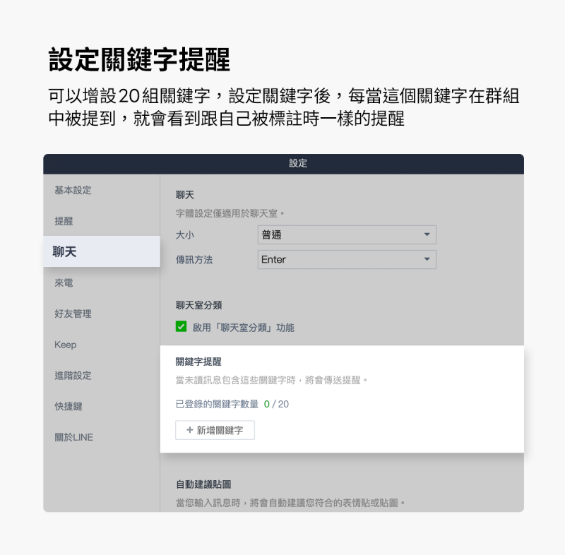 LINE關鍵字最多可以設定20組,當群組提到就會看到自己被標註時一樣的提醒。(圖/LINE提供) LINE關鍵字最多可以設定20組,當群組提到就會看到自己被標註時一樣的提醒。(圖/LINE提供)