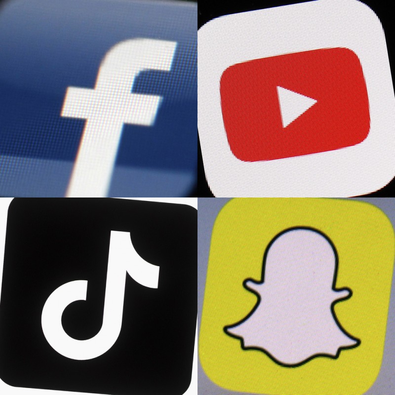 Icons for Facebook, YouTube, TikTok and Snapchat, from a photo composite covering 2017 to 2022. (AP)