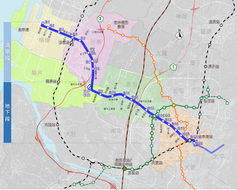中捷運藍線建構後，與綠線形成「黃金十字」捷運網絡，再整合鐵路跟公車，架構台中市更縝密的都會公共運輸系統，讓民眾更方便搭乘。(圖/台中市政府)