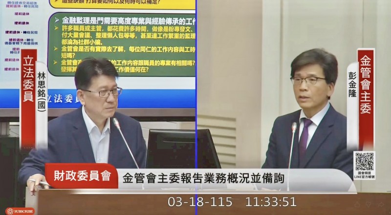 今年3月18日立院財委會，立委林思銘（左）問金管會主委彭金隆（右），金管會為何大量提前退休？（取自國會頻道）