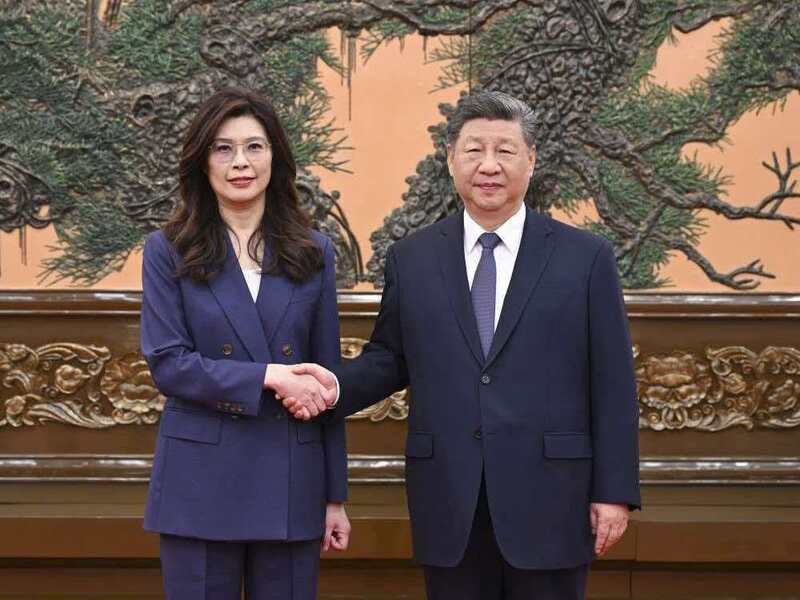 2026年鄭習会、国民党の鄭麗文主席と中国の習近平国家主席が握手。（中央社）