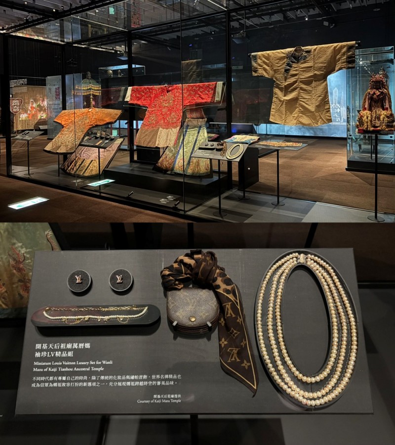 「萬相天后」特展集結不同樣式的媽祖冠服及祭祀服飾，從織繡紋樣、服飾形制到宗教象徵，呈現臺灣各地宮廟的信仰特色，讓民眾從傳統服飾認識媽祖文化的多元面貌。(照片/鄧亦涵攝)